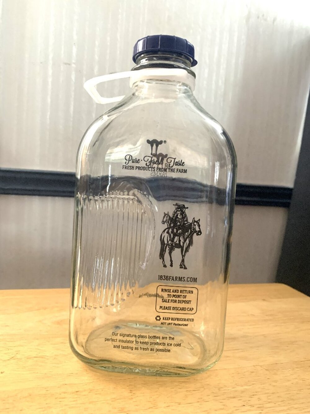 BOTTLE - 64oz 1836 FARMS glass milk bottle blue cap Large Terrell Texas 10" Ht